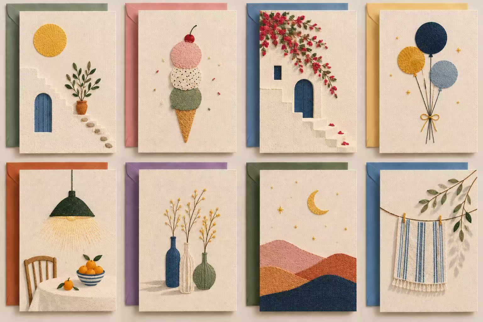 DIY embroidery-style greeting cards with flowers, a potted plant, colorful balloons, a pendant lamp, decorative vases, moonlit hills, and hanging textiles.