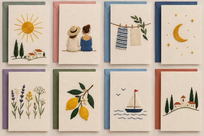 DIY embroidered greeting cards with sunshine, coastal village, friendship, moon, and wildflower designs.