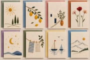 Eight DIY embroidery-style greeting card designs featuring sunshine, lemons, flowers, the moon, mountains, sailing boats, and botanical motifs.