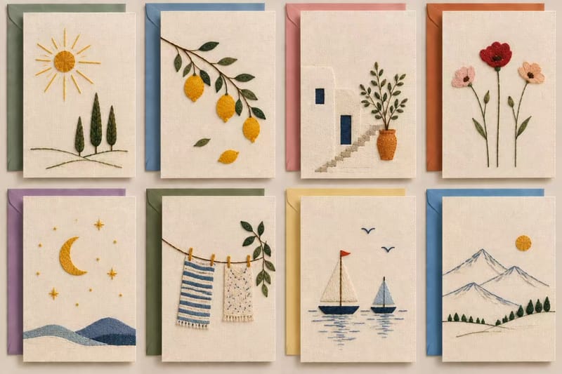 Eight DIY embroidery-style greeting card designs featuring sunshine, lemons, flowers, the moon, mountains, sailing boats, and botanical motifs.