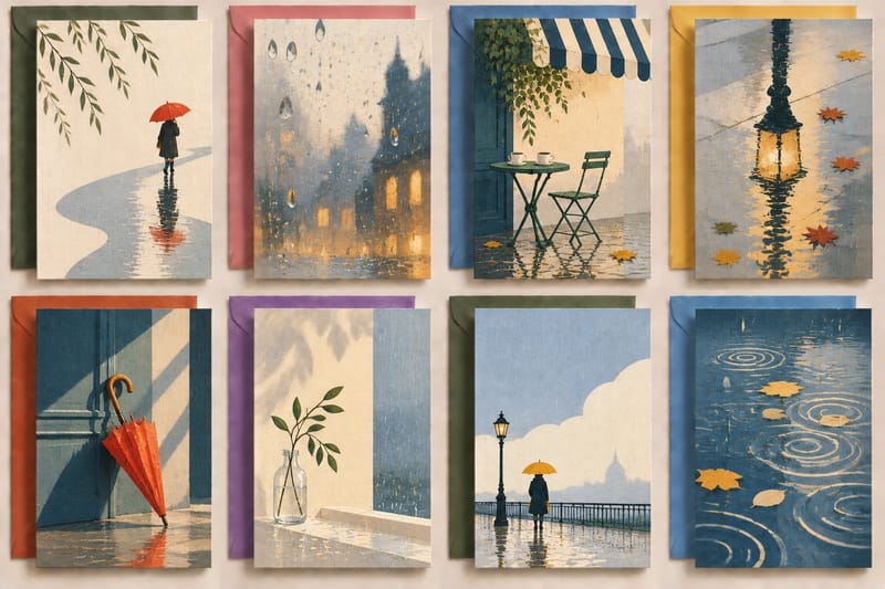 Set of eight DIY embroidered thank you cards featuring minimalist rainy-day illustrations