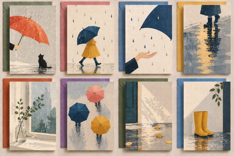 Minimalist rainy-day greeting card showing an orange umbrella sheltering a black cat