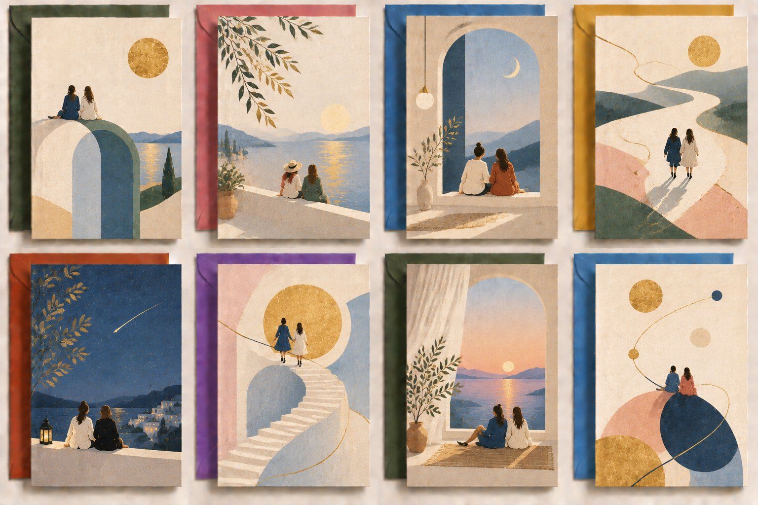 Minimalist DIY embroidery friendship cards featuring lakeside scenery, architectural arches, sunset colors, and scenes of companionship
