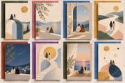 Minimalist DIY embroidery friendship cards featuring lakeside scenery, architectural arches, sunset colors, and scenes of companionship