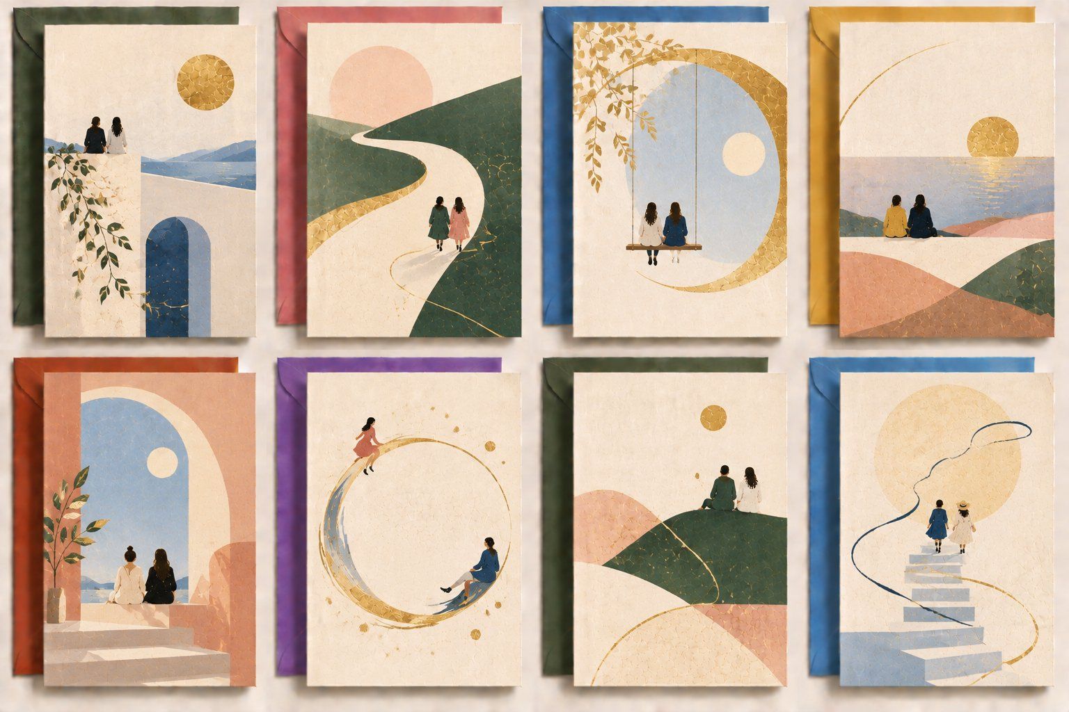 Eight DIY friendship greeting card designs featuring winding paths, arches, scenic illustrations, and gold-toned details