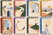 Eight DIY friendship greeting card designs featuring winding paths, arches, scenic illustrations, and gold-toned details