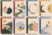 Eight minimalist DIY embroidery friendship greeting cards featuring abstract circles, gold-toned accents, and colorful envelopes