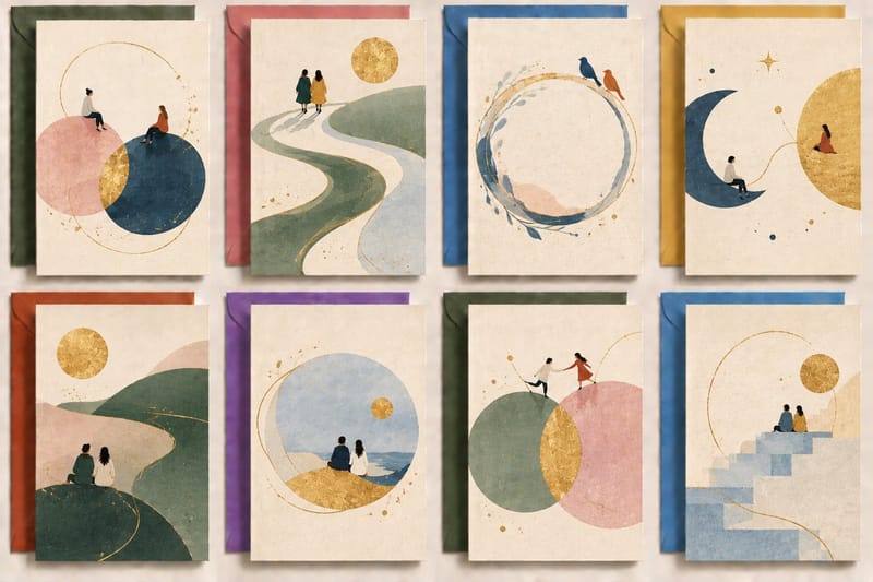 Eight minimalist DIY embroidery friendship greeting cards featuring abstract circles, gold-toned accents, and colorful envelopes