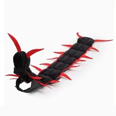 Black padded centipede costume for cats with red legs and a devil-horn hood