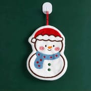 Snowman shaped Christmas hanging towel with a blue scarf and red Santa hat