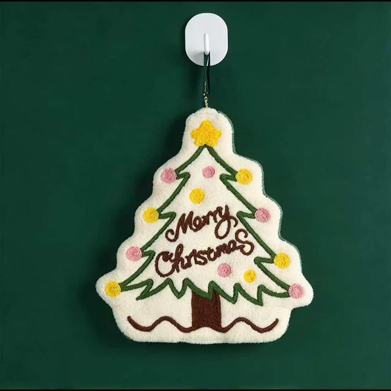 Christmas tree shaped 100% cotton hanging towel with colorful festive details