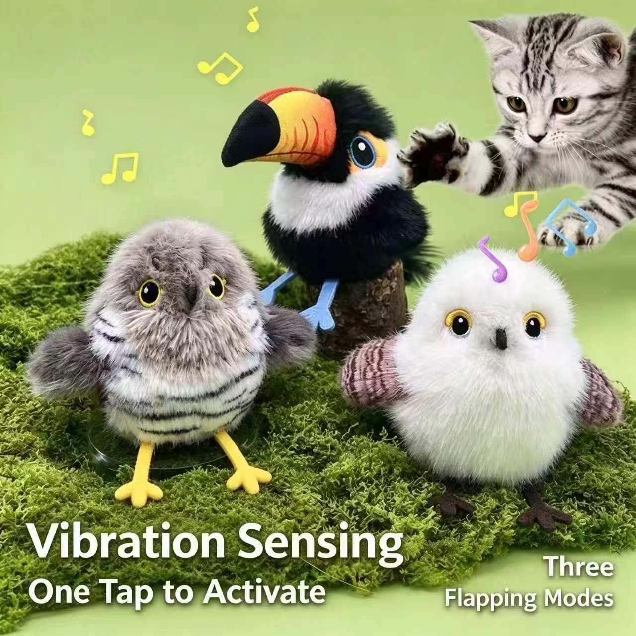 Three bird-shaped interactive cat toys in toucan, gray owl and white mountain sparrow designs