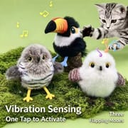 Three bird-shaped interactive cat toys in toucan, gray owl and white mountain sparrow designs