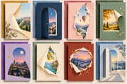 Inspirational greeting card designs with open doorways, paper windows, and colorful landscapes