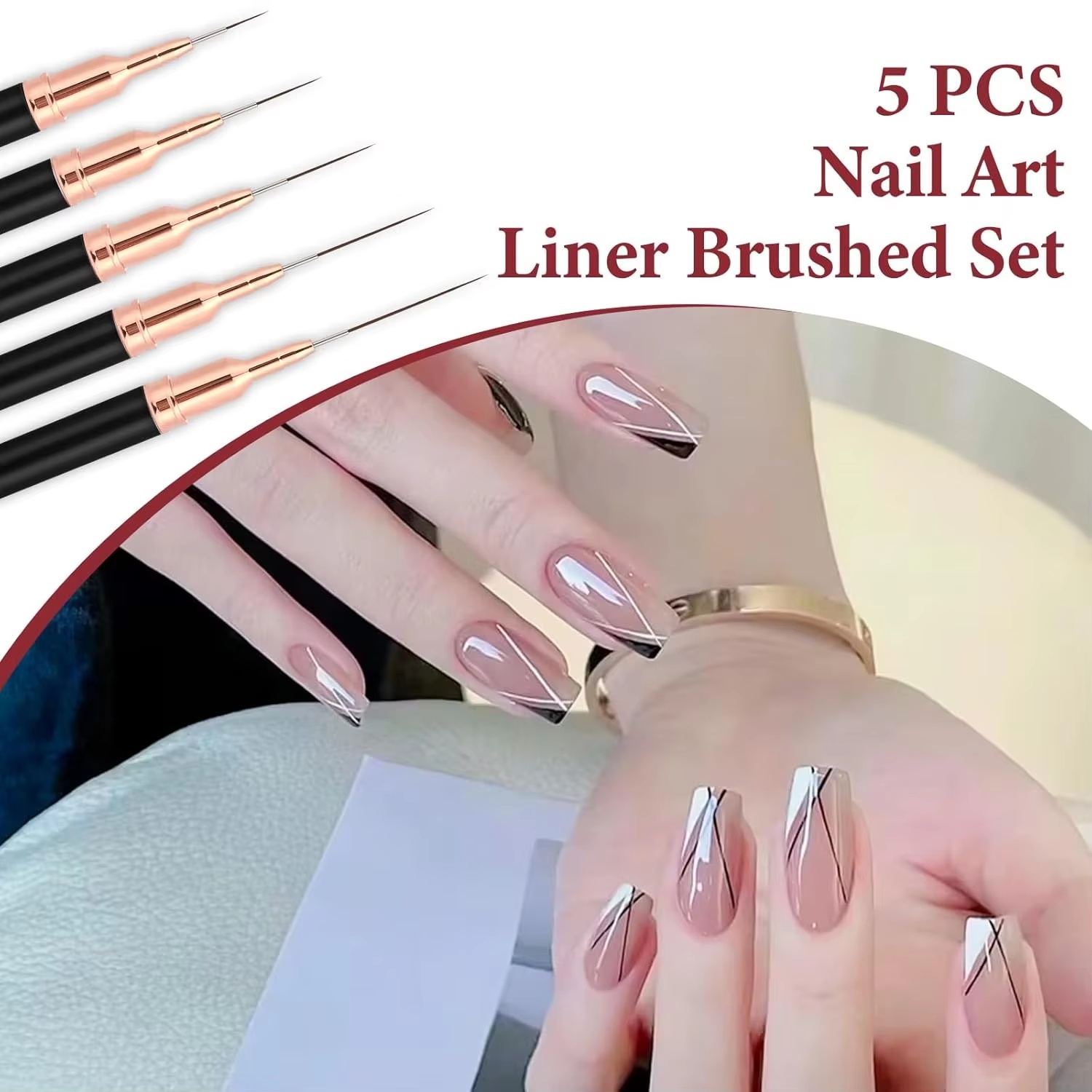 5pcs Nail Art Liner Brush Set UV Gel Nail Brushes Kits French Stripe Line Painting Drawing Flower Pen Professional Manicure Tool