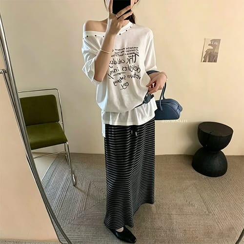 釘珠英文短袖 Tee + 橫紋長裙兩件套