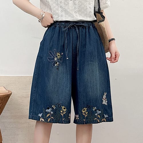 蜻蜓兔子花卉刺繡牛仔五分褲