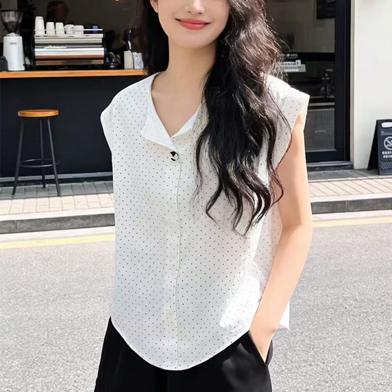 斜領波點無袖恤衫