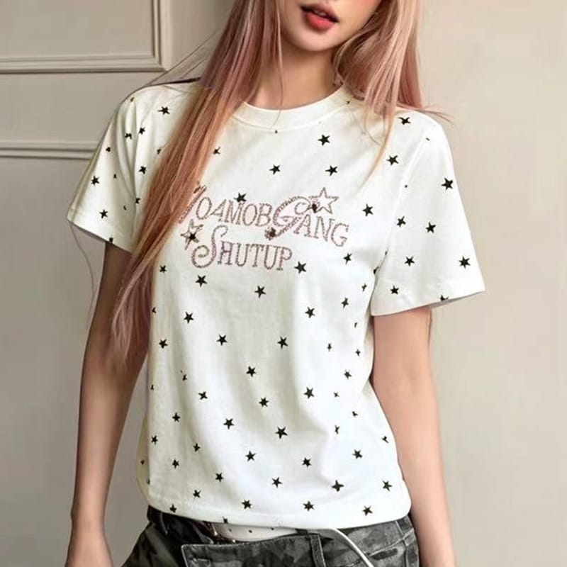 星點滿印燙鑽字母短款圓領上衣