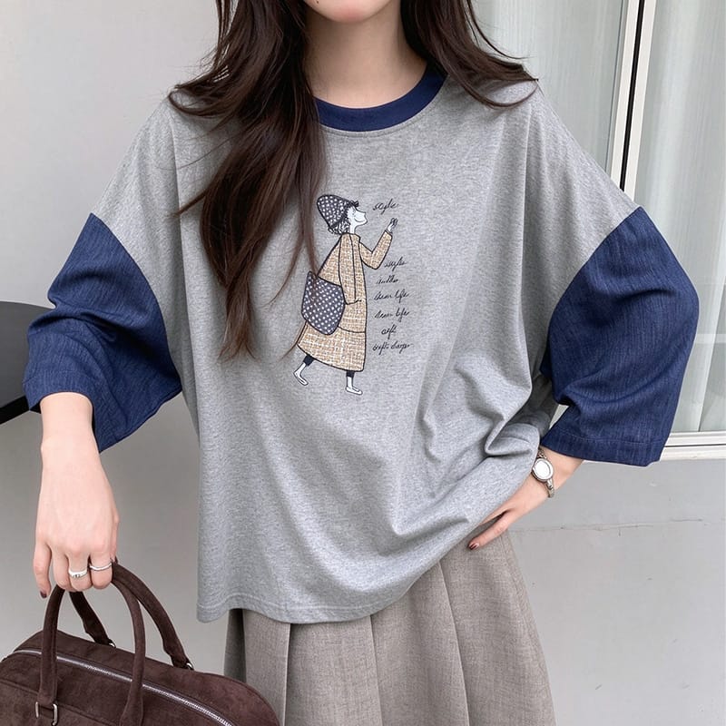日系手繪女孩圖案撞色領口七分袖