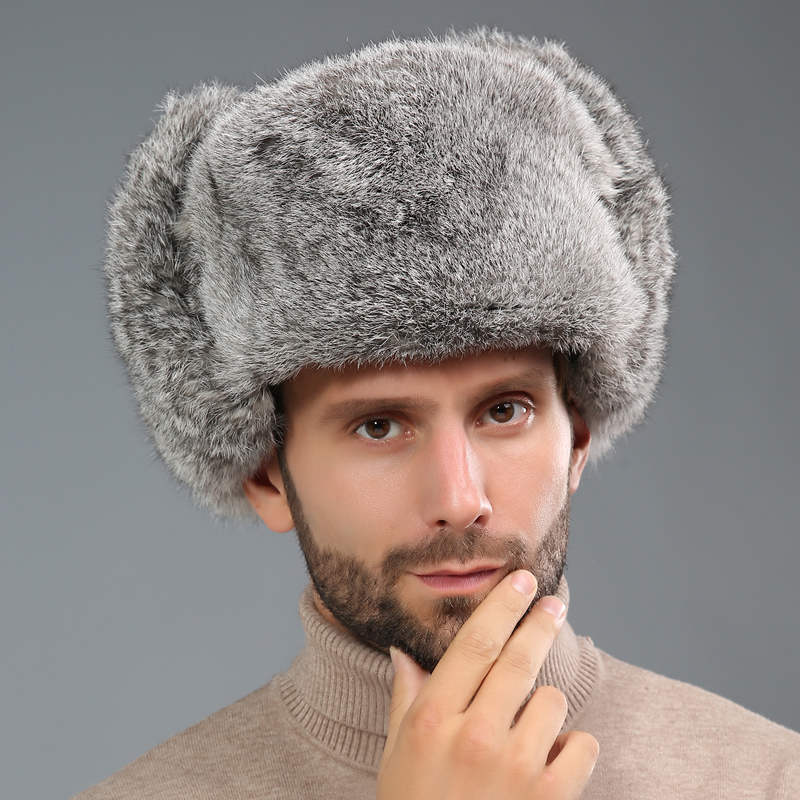 Real Rabbit Hair Lei Feng Hat Men's Winter Fur Hat Thickened Northeast Outdoor Warm Ear Protection Middle-aged and Elderly Cotton Hat