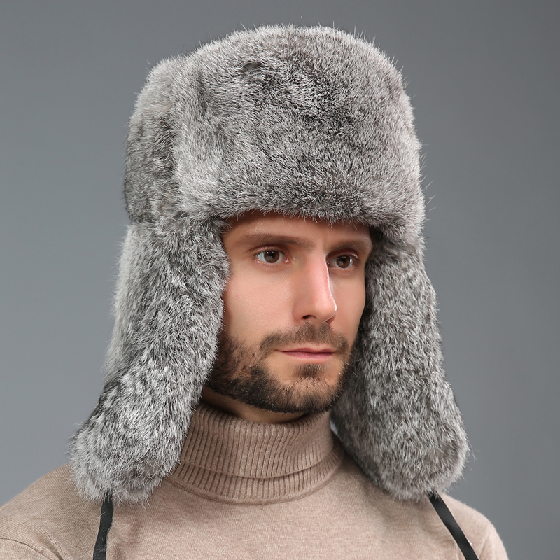 Real Rabbit Hair Lei Feng Hat Men's Winter Fur Hat Thickened Northeast Outdoor Warm Ear Protection Middle-aged and Elderly Cotton Hat
