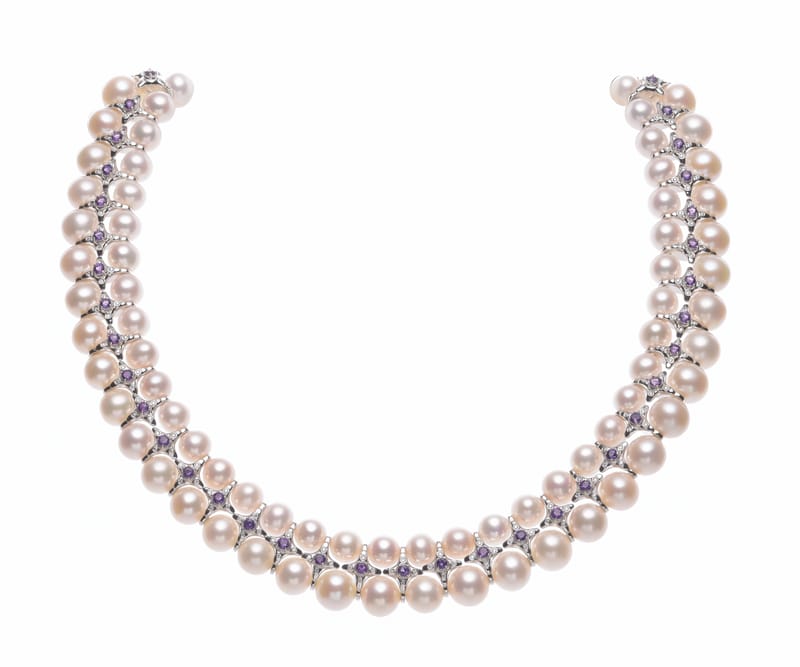Double-strand white pearl and purple gemstone necklace