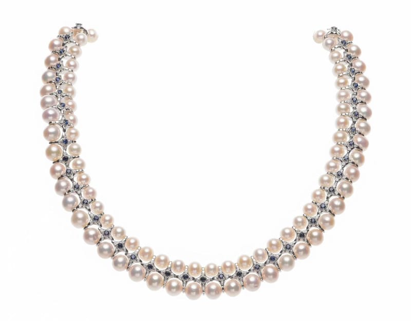 Double-strand white pearl blue gemstones necklace