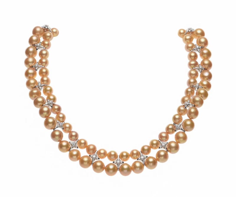 Double-strand gold pearl and lab diamond necklace