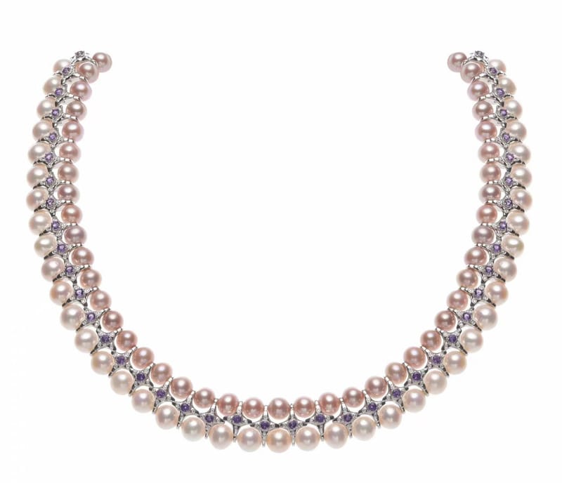 Double-strand white and purple pearl gemstones necklace