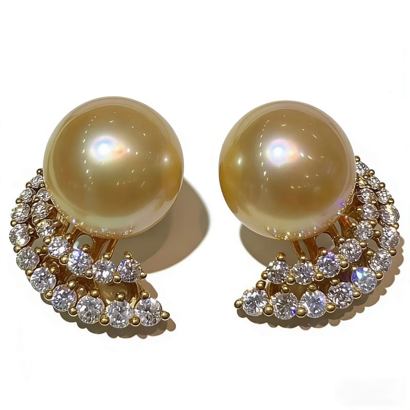 18 K gold ruby diamond 13mm golden sea pearl earrings