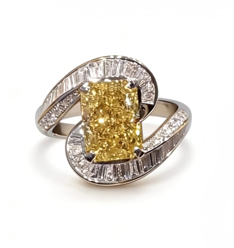 3-carat Emerald cut lab yellow diamond platinum ring