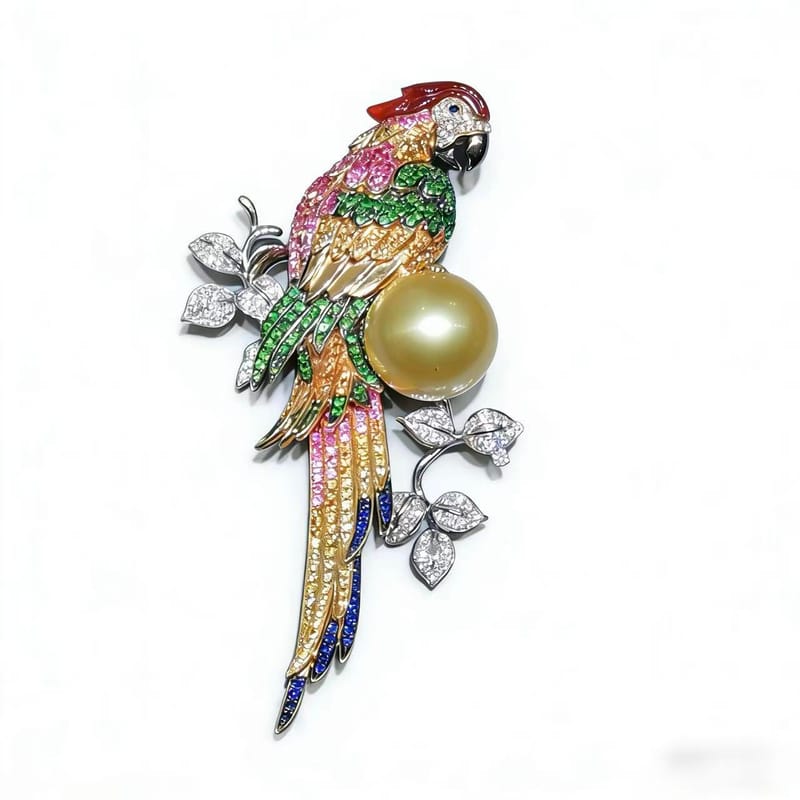  18k gold parrot gem diamond brooch