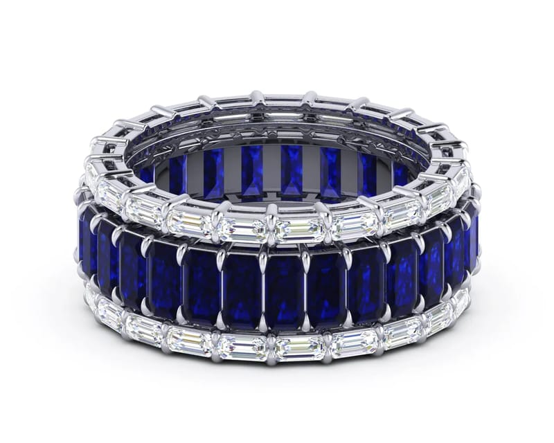 18K White Gold Sapphire And Diamond Emerald Cut Eternity Band