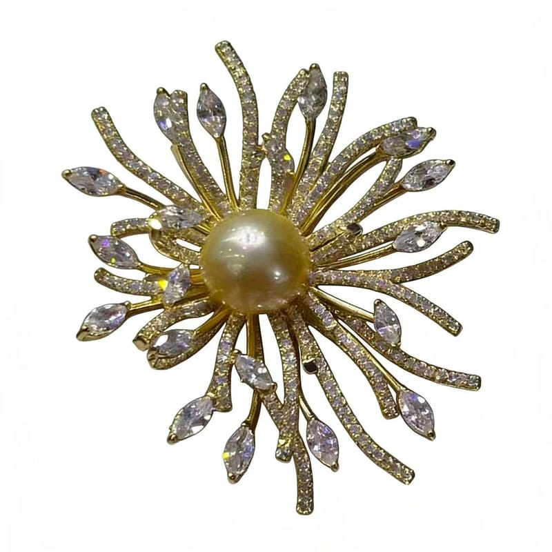 Chrysanthemum crystal golden pearl brooch