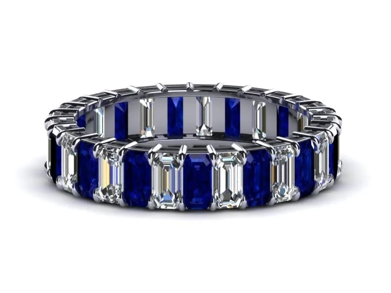 Platinum Diamond And Sapphire Emerald Cut Anniversary Band