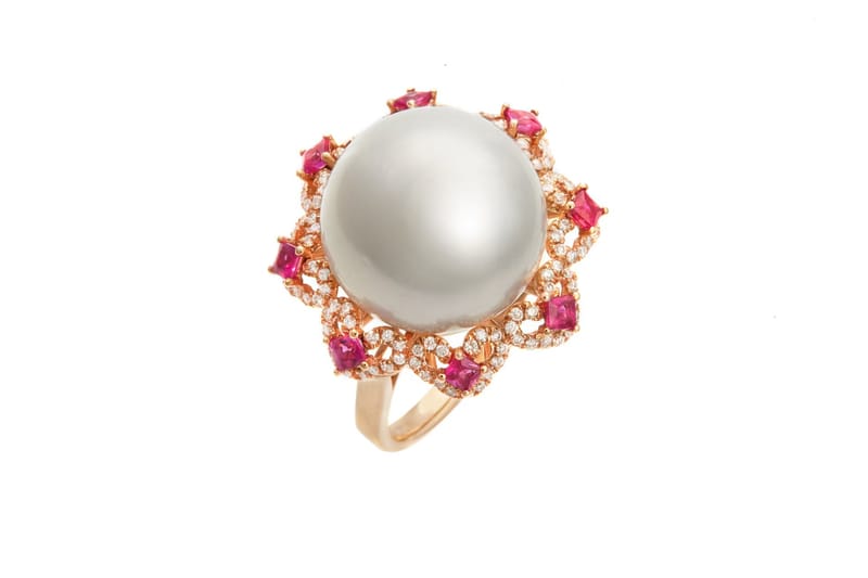 18k gold ruby diamond sea pearl ring