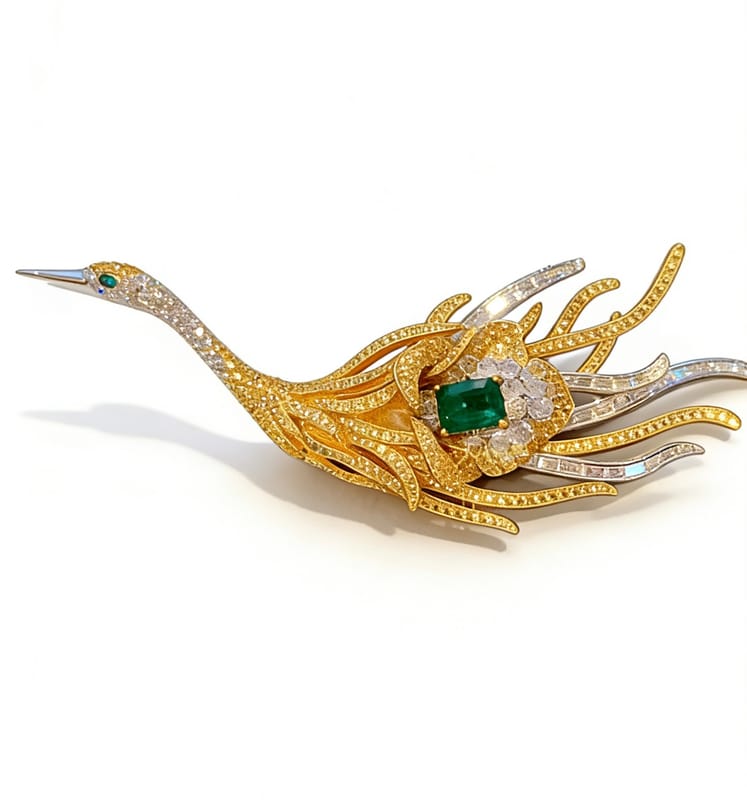 18k gold diamond emerald swan brooch