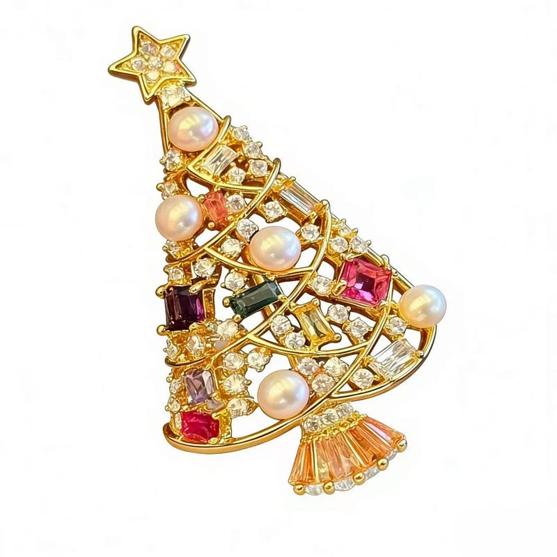 Golden Christmas tree pearl brooch