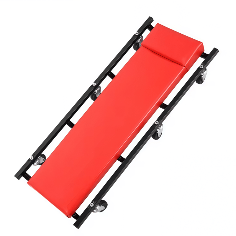 Rail-mounted rolling garage maintenance vehicle, 40-inch/36-inch padded, adjustable headrest, 6 casters.