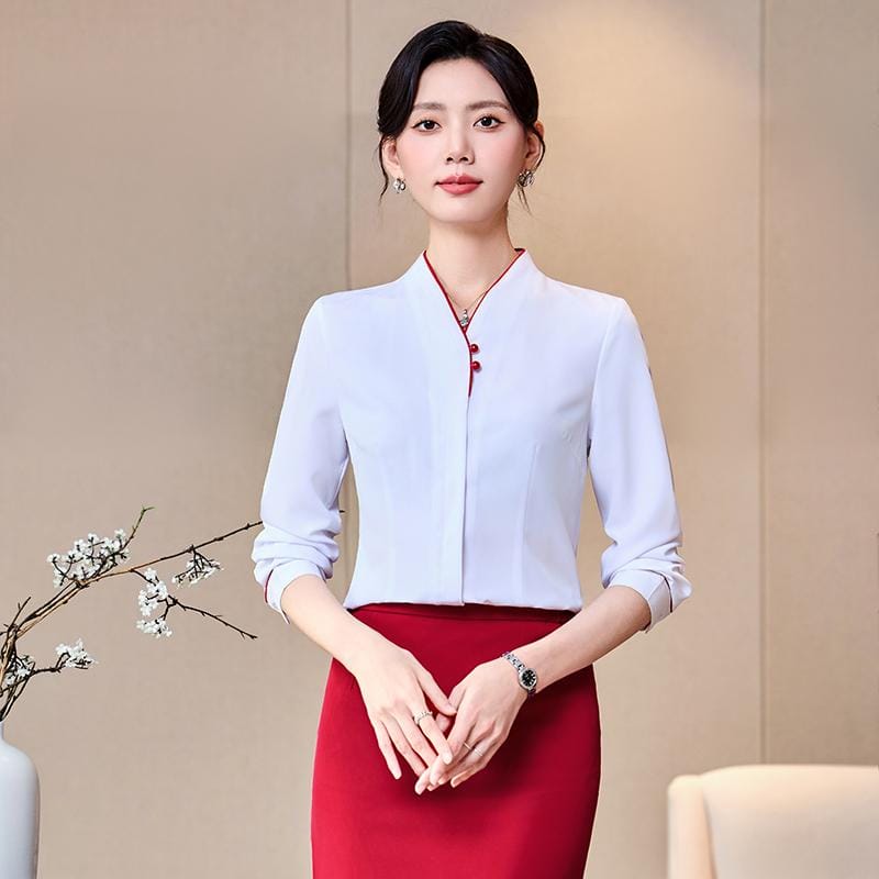 Long-sleeve V-neck contrast trim shirt