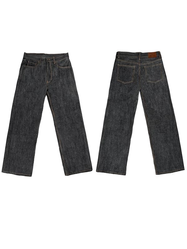 14oz Selvage Denim Loose Straight Pants with Genuine Leather Tag, Narrow Red Edge, Black Tone, Versatile Style
