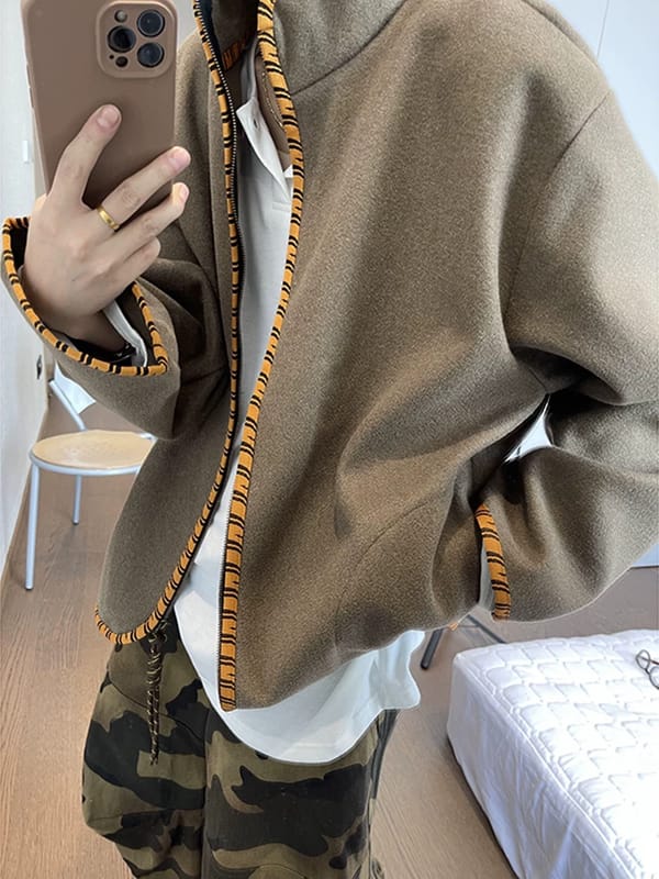 Men's niche design stand collar jacket, cocoa brown tiger stripe webbing wool fabric, stylish edgy high-grade coat