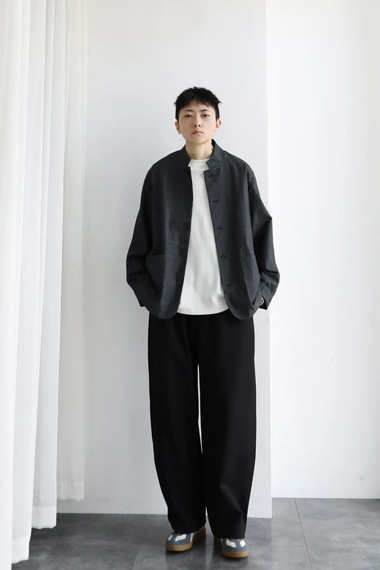 Unisex minimalist linen denim stand collar jacket for spring