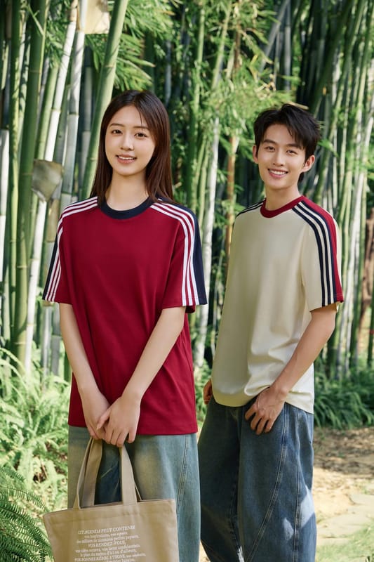 Color-block contrast woven tape detail crew neck T-shirt