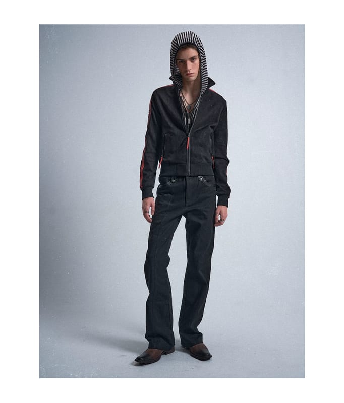 Black and red spliced suede jacket with blood wolf embroidery