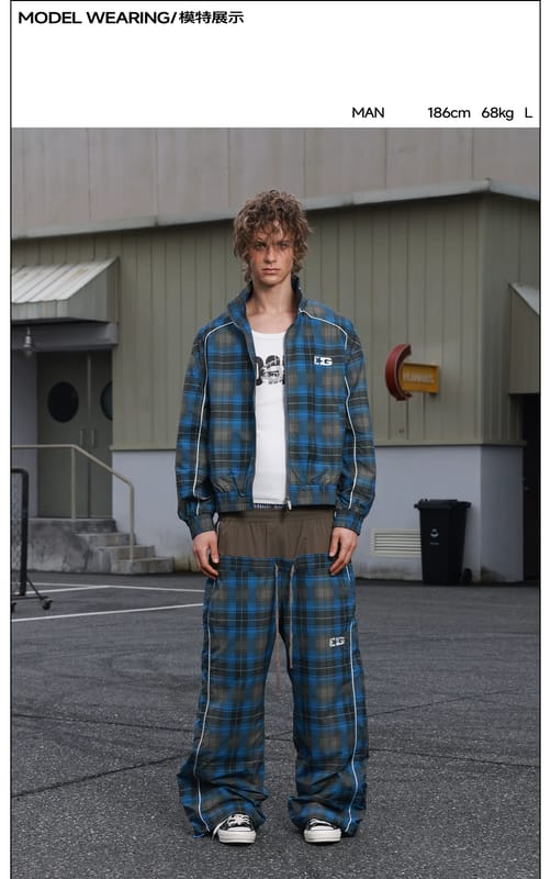 Plaid stand up collar jacket, double waisted straight leg pants, American street sports suit