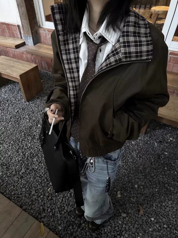 Stand-up Collar Waxed Barnes Style Plaid Spliced Boxy Jacket, Unisex Sturdy Old Money Check Coat