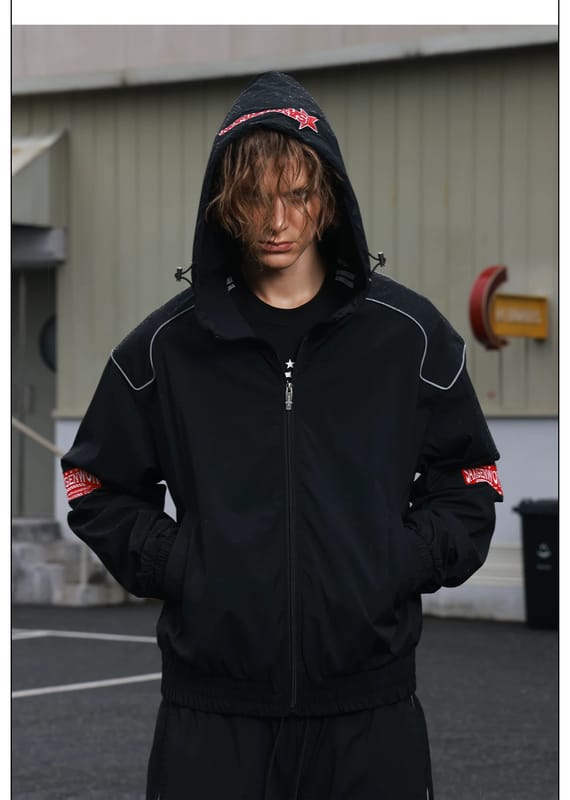 Hooded sports jacket, loose fitting straight leg pants, embroidered American street sports suit