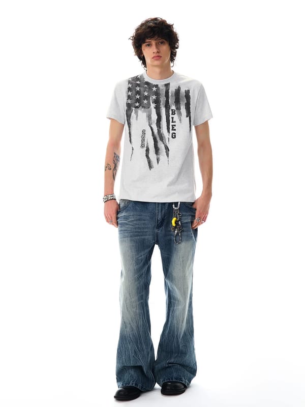 American street-style faded star print short-sleeve T-shirt, unisex slim-fit regular shoulder top for summer